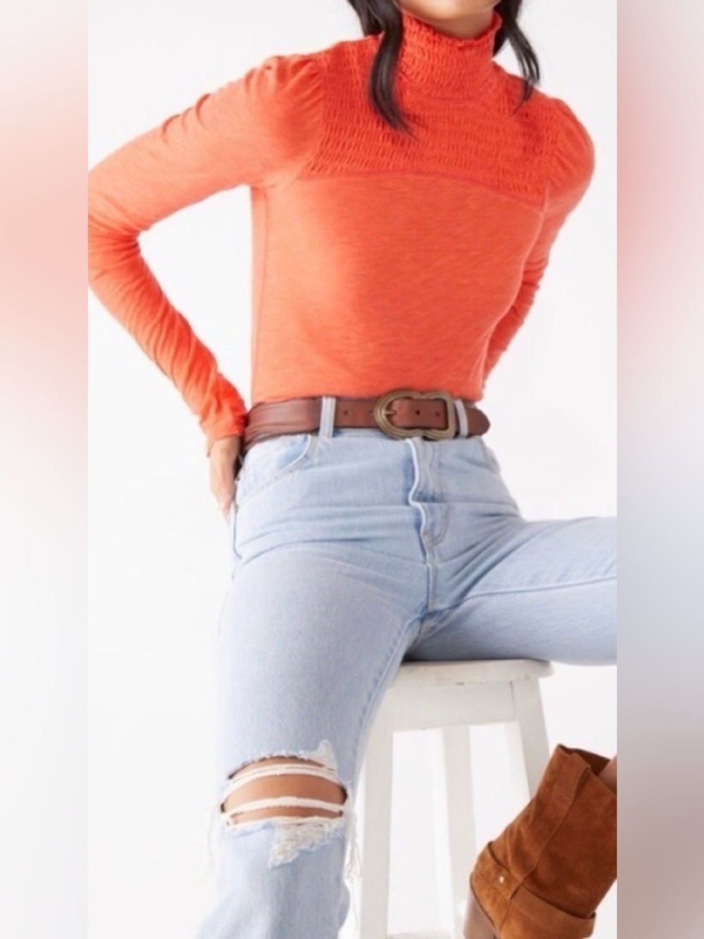 Free People Caroline Mock Neck Long Sleeve Top in Flame Orange Women’s S/M
